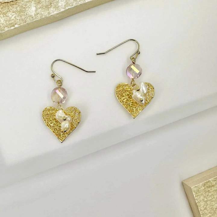 Baroque Pearls Earrings set in Gold Heart Mesh
