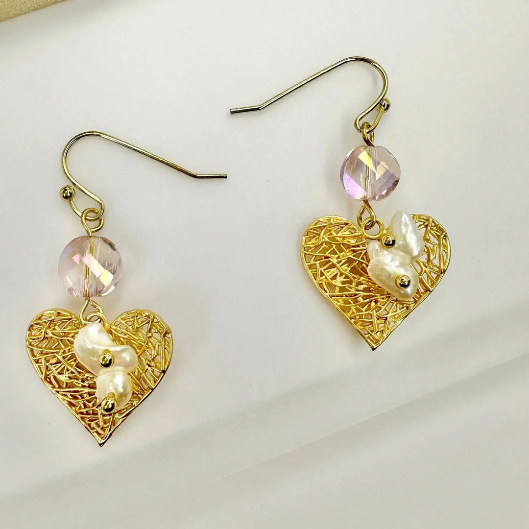 Baroque Pearls Earrings set in Gold Heart Mesh