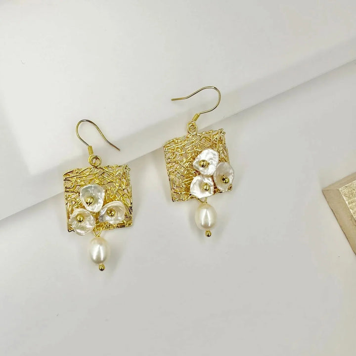 Baroque Pearl Earrings set in Gold Mesh