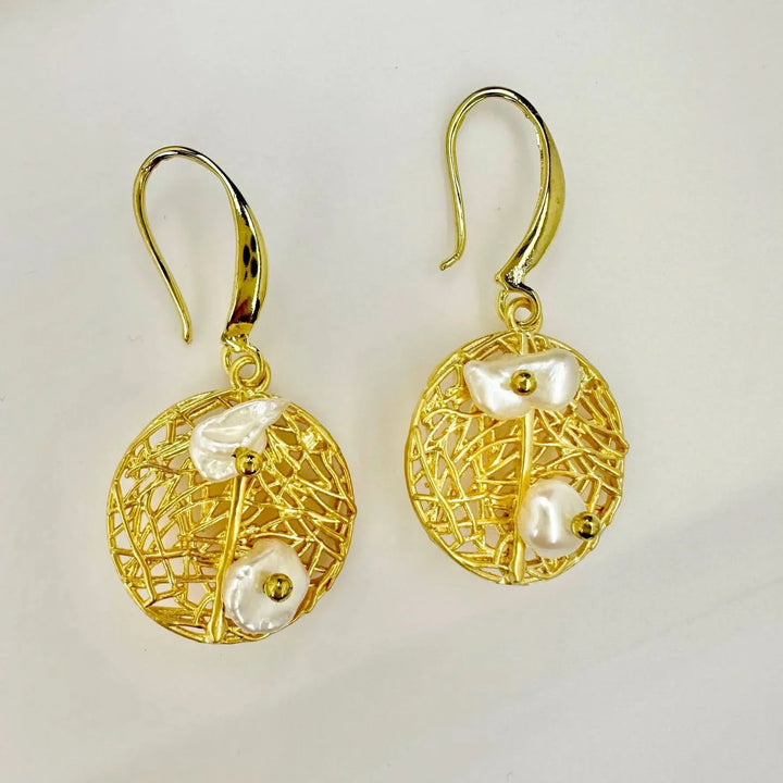 Baroque Pearl Earrings set in Gold Vermeil Mesh