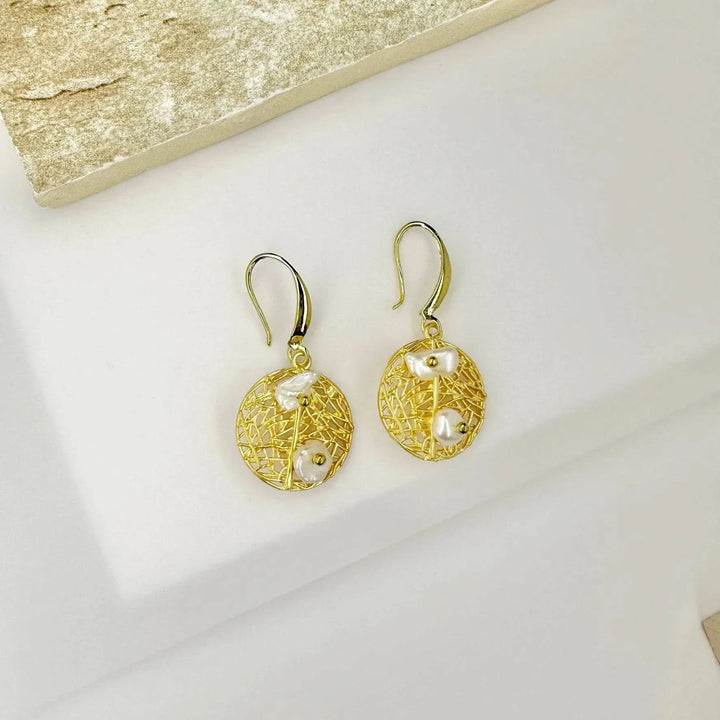 Baroque Pearl Earrings set in Gold Vermeil Mesh