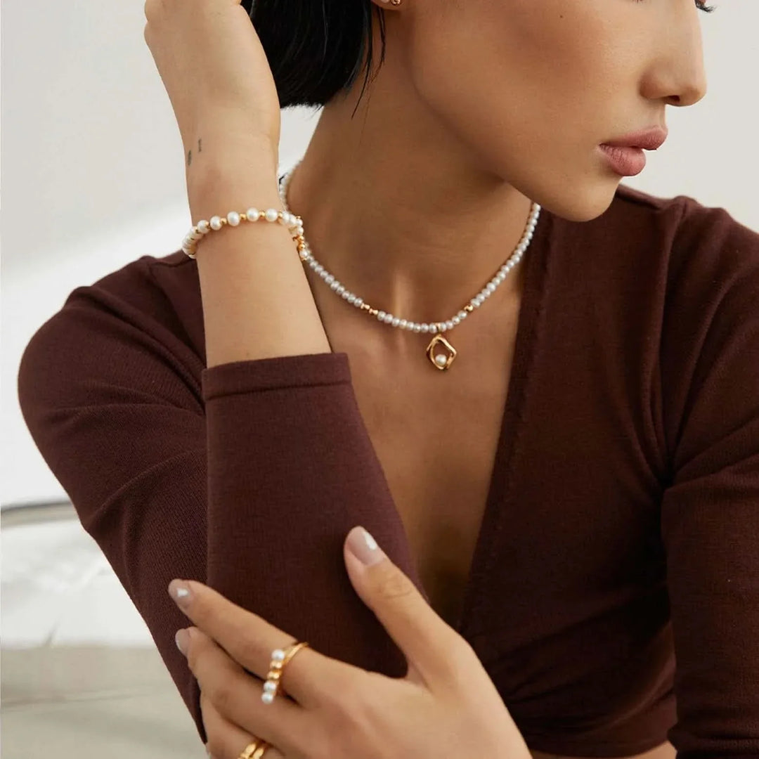 Bead Silver and Gold Pearl Necklace