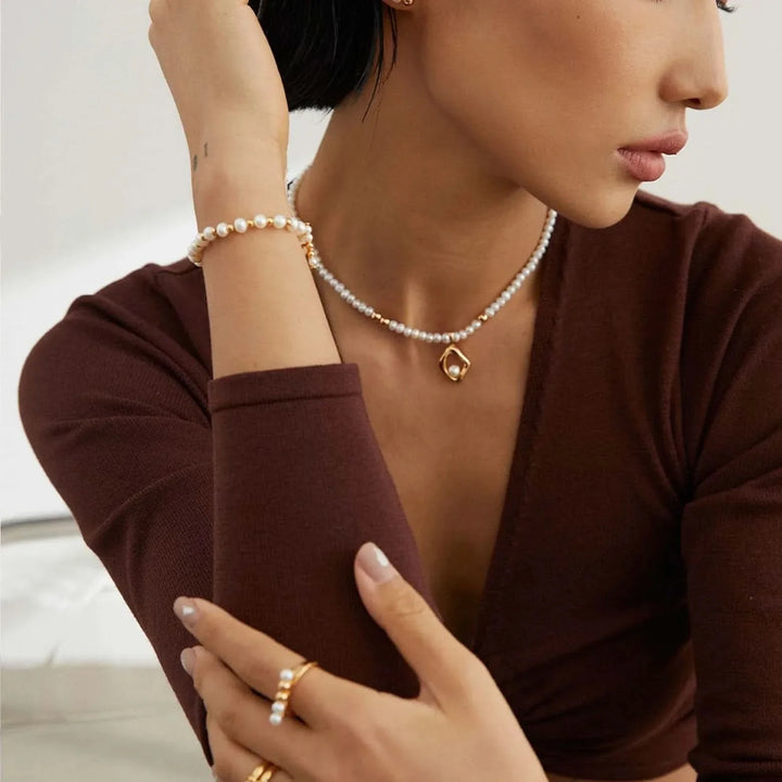 Bead Silver and Gold Pearl Necklace