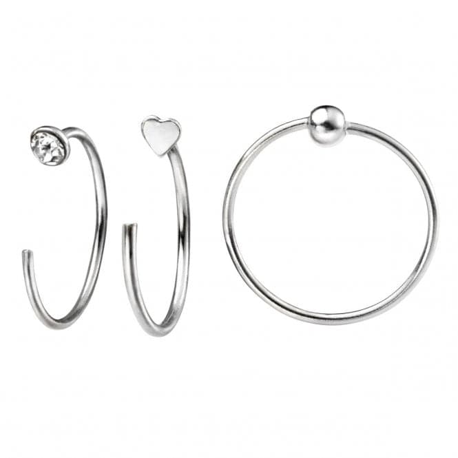 Beginnings Silver Set Of Three Nose Rings Crystal Ball & Heart nose stud T155BeginningsT155