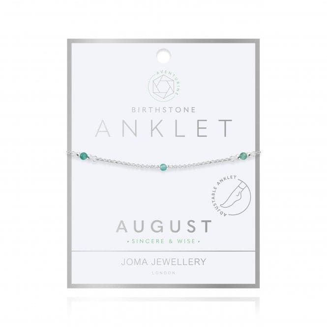 Birthstone August Aventurine Silver 26cm Adjustable Anklet 4207Joma Jewellery4207