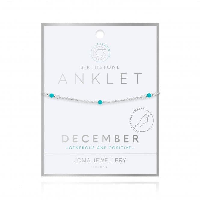 Birthstone December Turquoise Silver Bracelet 26cm Adjustable Anklet 4211Joma Jewellery4211