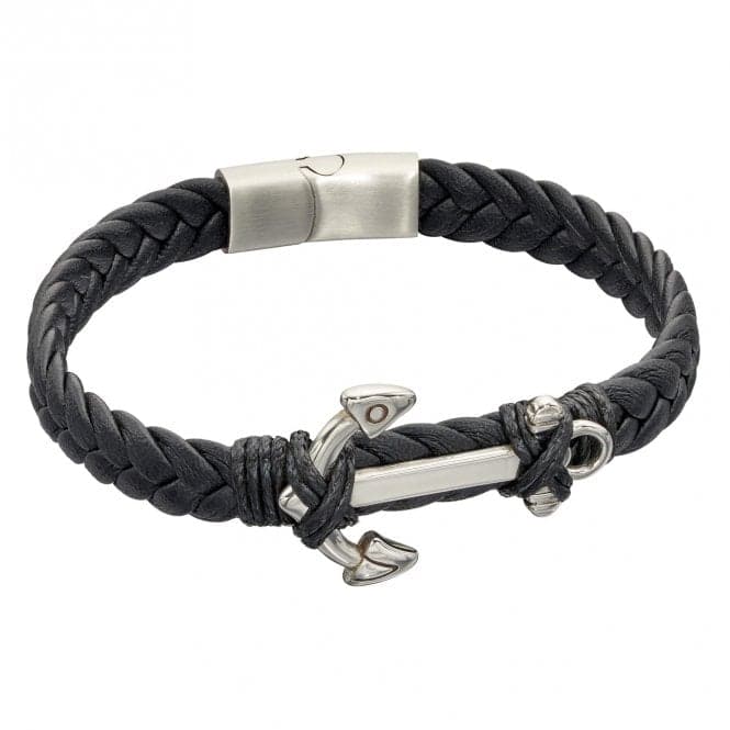 Black Leather Anchor Plated Wristwear Bracelet B5323Fred BennettB5323