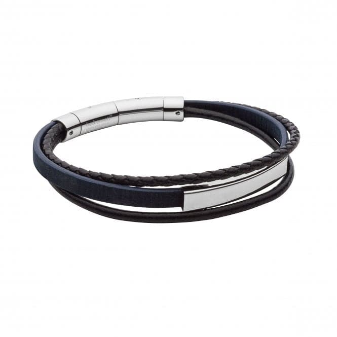 Blue Cork Black Recycled Leather Stainless Steel Bar Bracelet B5374Fred BennettB5374