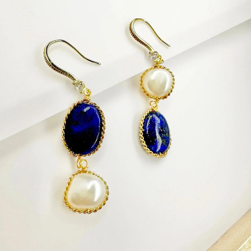 Blue Natural Stone Pearl Drop Earrings