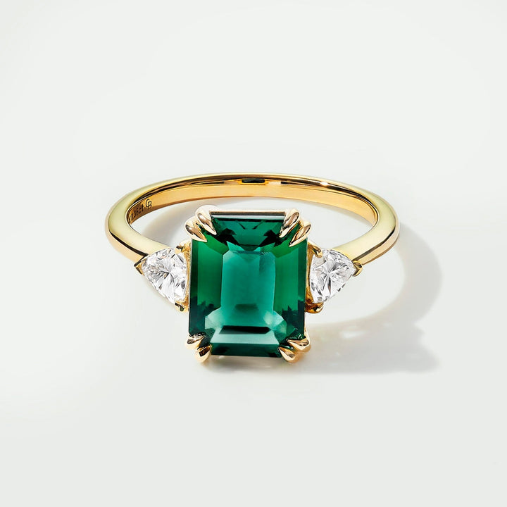 Cassie | 9ct Yellow Gold Created Emerald and 0.36ct tw Trillion Cut Lab Grown Diamond Engagement RingCreated Brilliance54941837656444