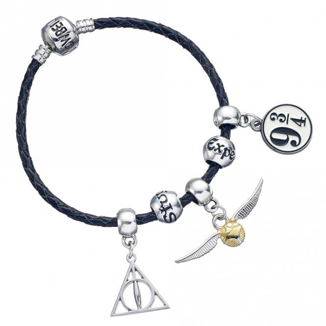 Charm Set - Black Leather Bracelet with Deathly Hallows, Golden Snitch, Platform 9 3/4 & 2 Spellbead charmsHarry PotterHP0091