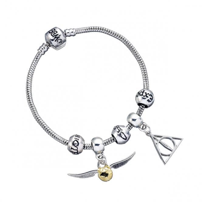Charm Set - Silver Plated Bracelet with Deathly Hallows, Golden Snitch, 3 Spell Bead charmsHarry PotterHP0090