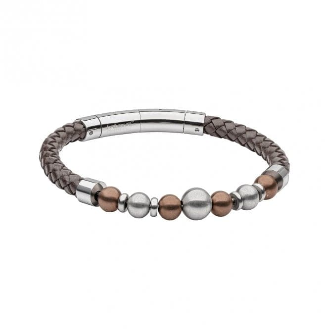 Coffee Plated Stainless Steel Beads Brown Leather Bracelet B5466Fred BennettB5466
