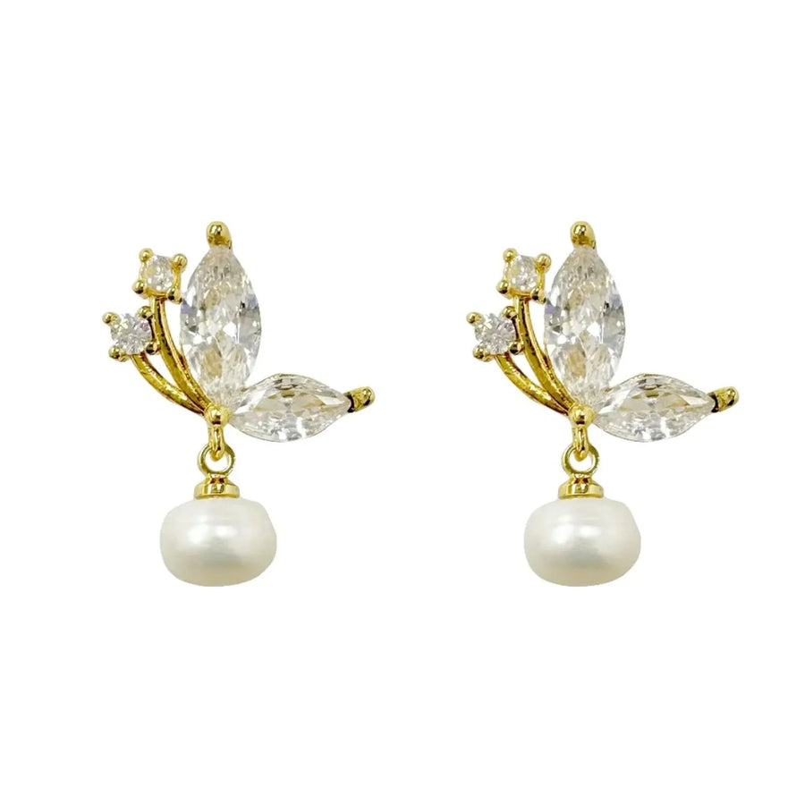 Crystal Butterfly Pearl Drop Stud Earrings