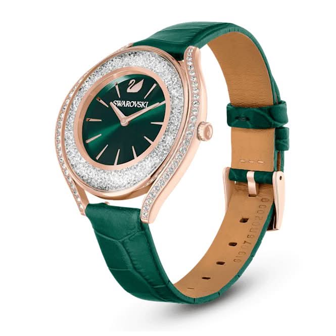 Crystalline Aura Leather Strap Green Rose Gold-tone Finish Watch 5644078