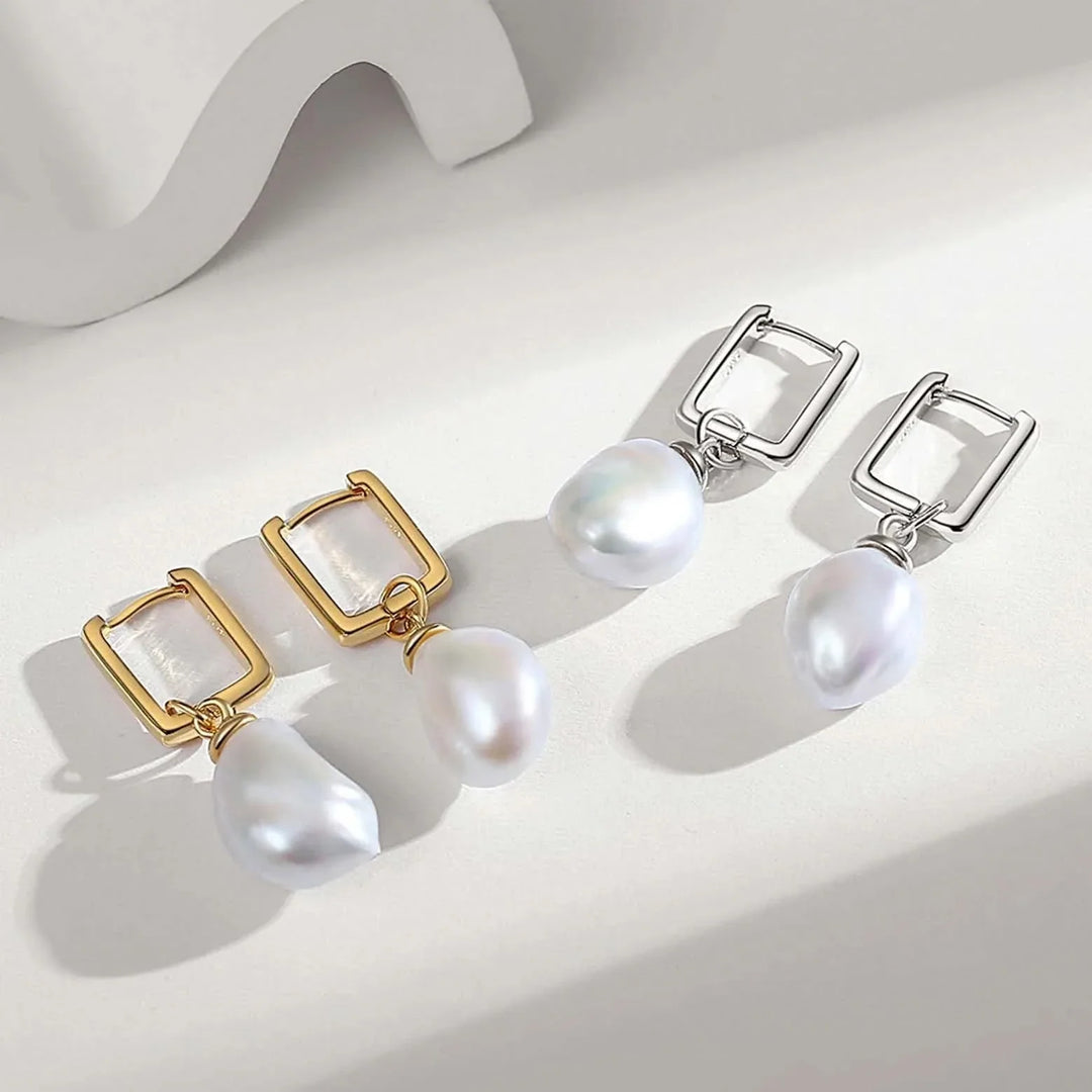 Detachable Square Hoop Baroque Pearl Earrings