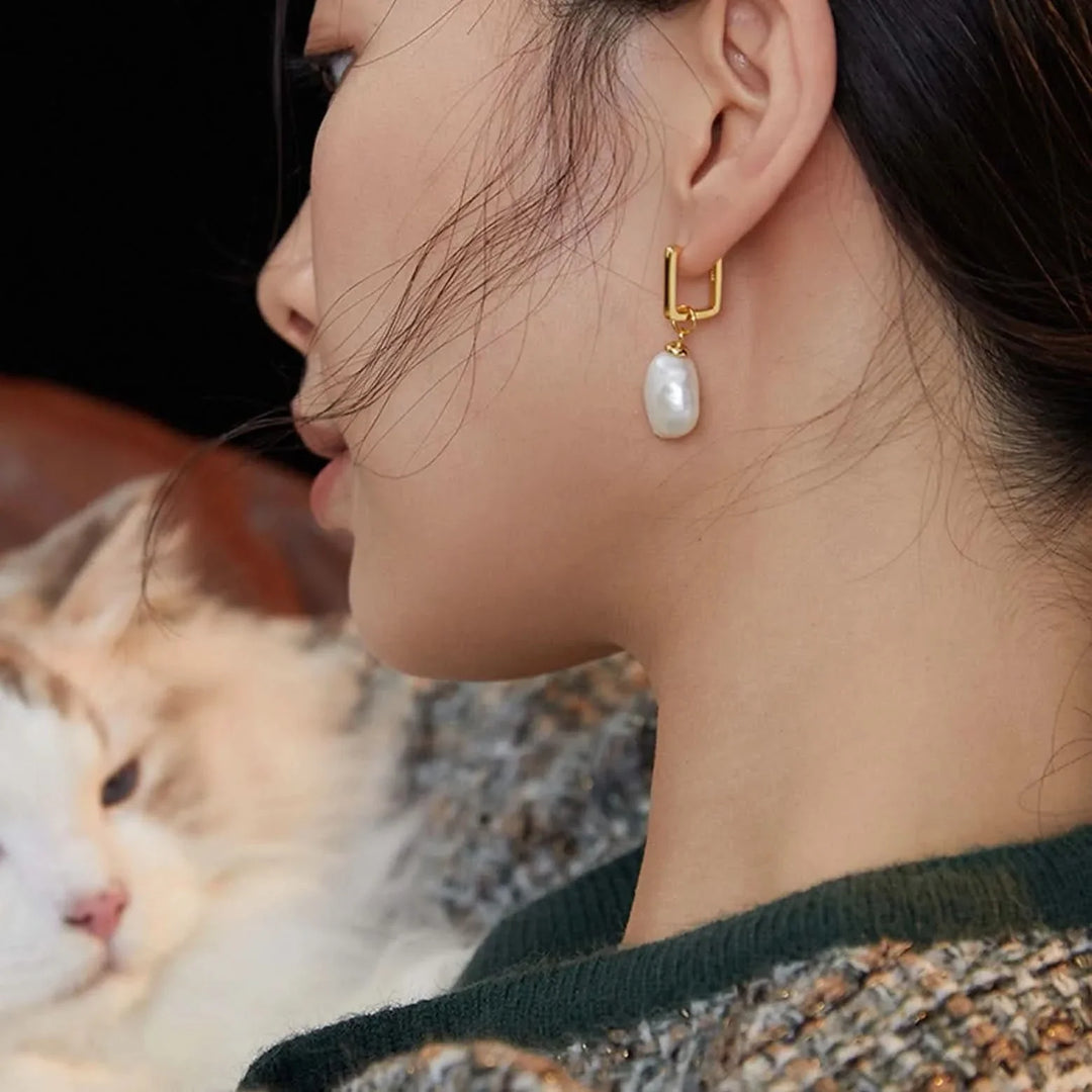 Detachable Square Hoop Baroque Pearl Earrings