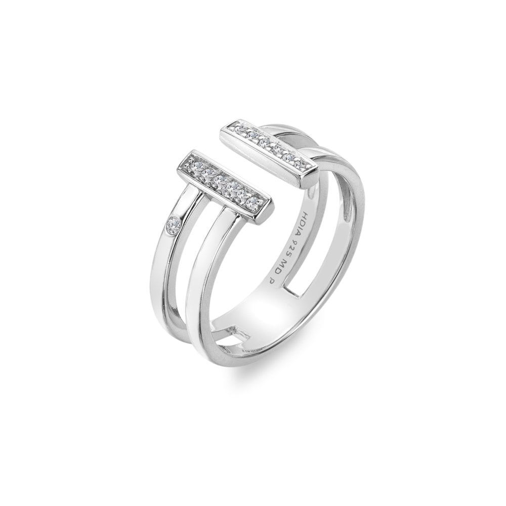 Silver ring with small diamonds on a white background