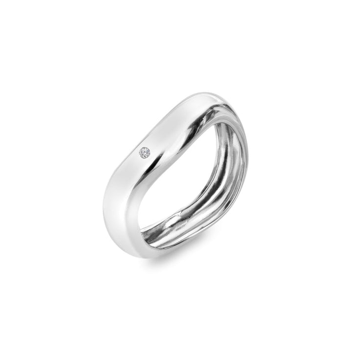 Silver ring with a small diamond on a white background