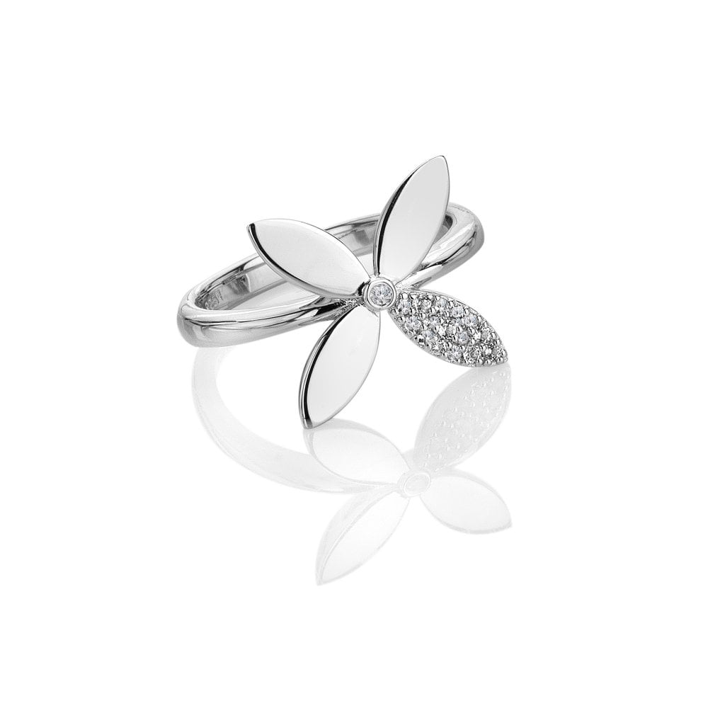 Silver butterfly ring with gemstones on a white background