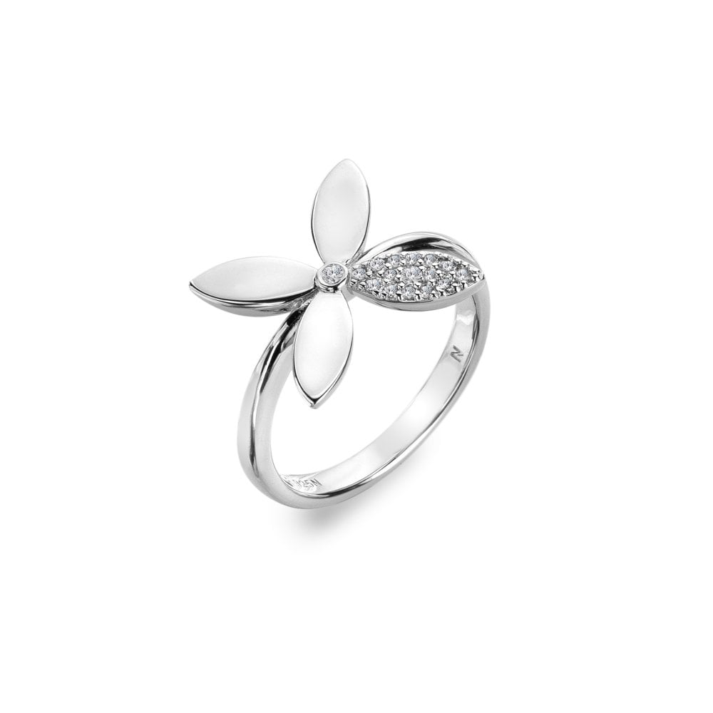 Silver ring with floral design on a white background
