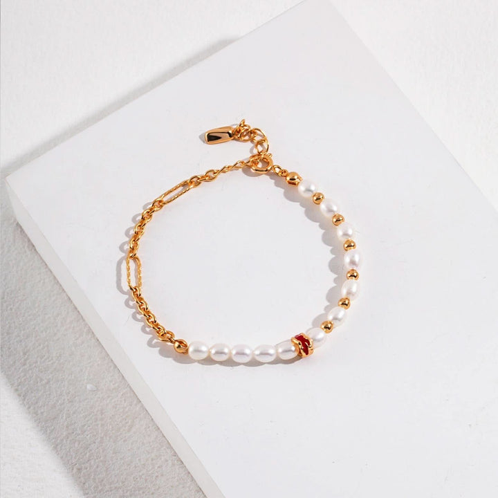 Drip Glaze Bead Gold and Pearl Bracelet