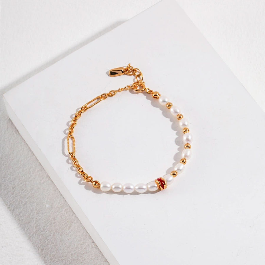 Drip Glaze Bead Gold and Pearl Bracelet