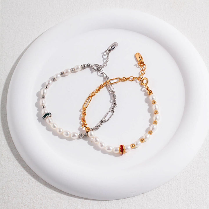 Drip Glaze Bead Gold and Pearl Bracelet