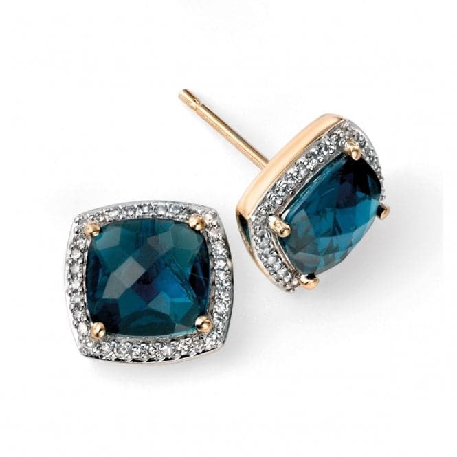 Elements 9ct Yellow Gold London Blue Topaz Checkerboard Earrings With Diamond Surround GE985TElements GoldGE985T
