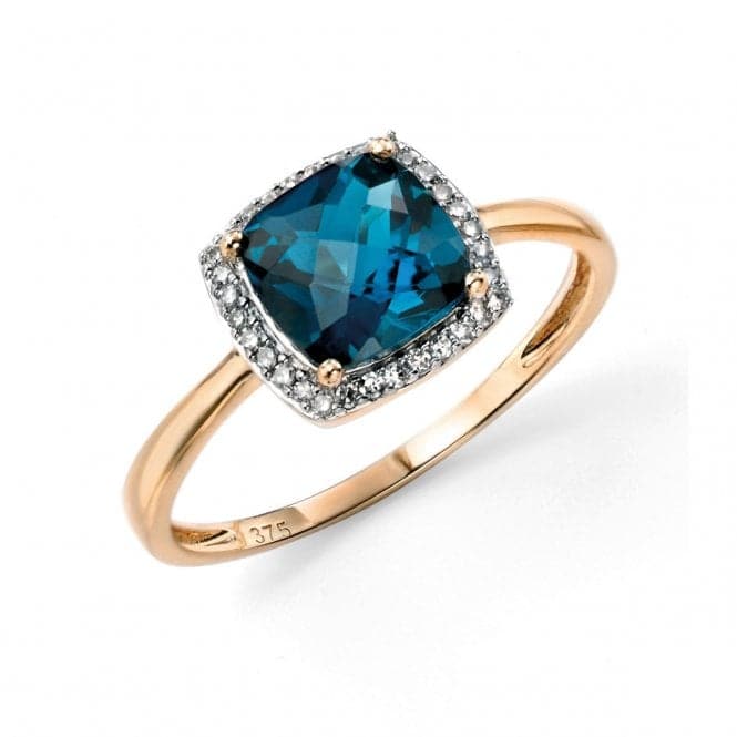 Elements 9ct Yellow Gold London Blue Topaz Checkerboard Ring With Diamond Surround GR453TElements GoldGR453T 52