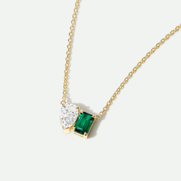 Elise | 9ct Yellow Gold 0.75ct Lab Grown Diamond and Created Emerald Toi et Moi NecklaceCreated BrillianceBA0074481