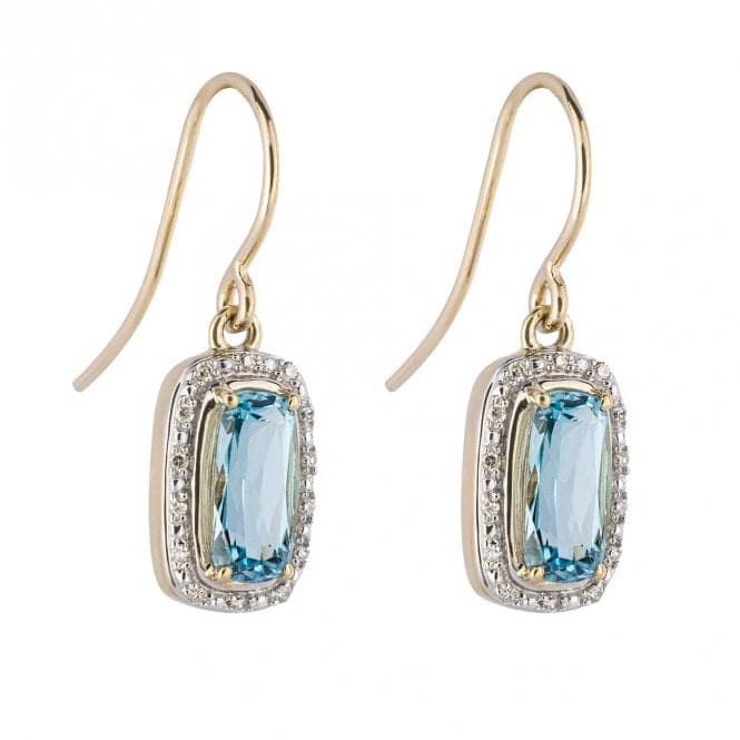 Elongated Sky Blue Topaz Diamond Surround Yellow Gold Drop Earrings GE2416TElements GoldGE2416T