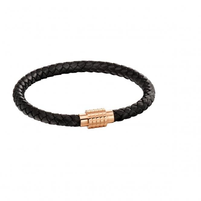 Fred Bennett Hexagon Ridge Clasp Rose Black Leather Plait Bracelet B5131Fred BennettB5131