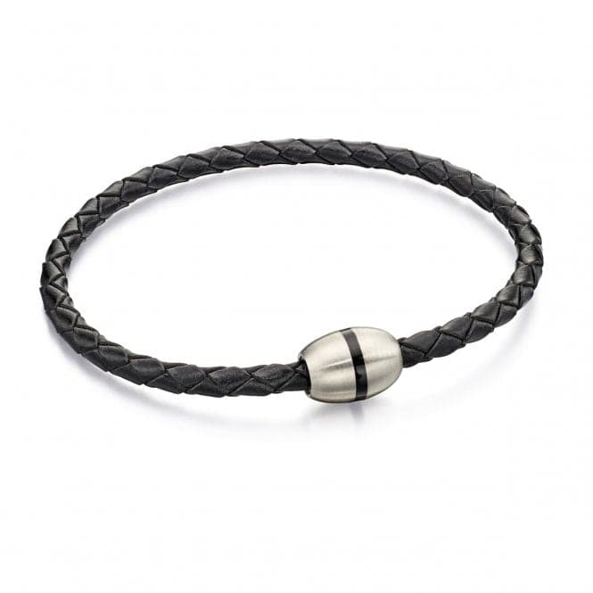 Fred Bennett Stainless Steel Black Leather Thin Bracelet B4915Fred BennettB4915