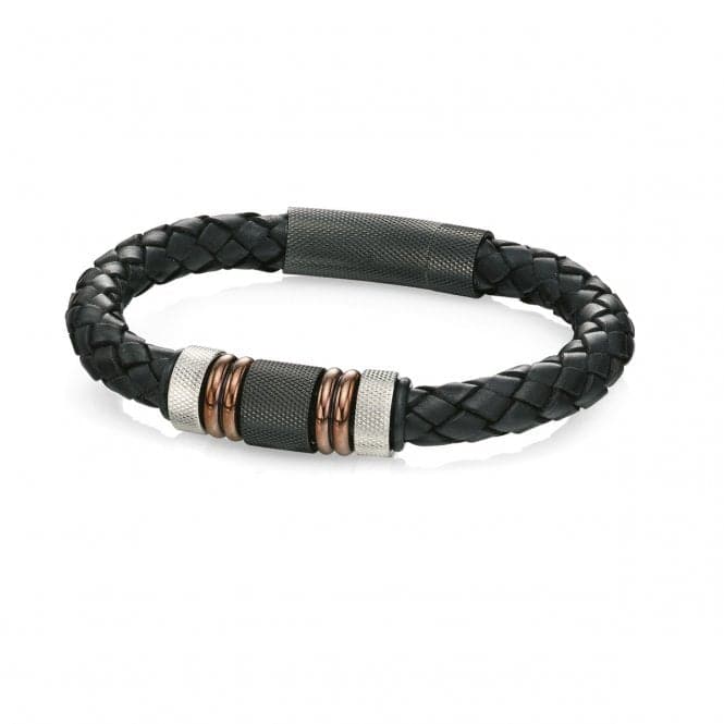 Fred Bennett Stainless Steel Black Leather Woven Bracelet B4377Fred BennettB4377