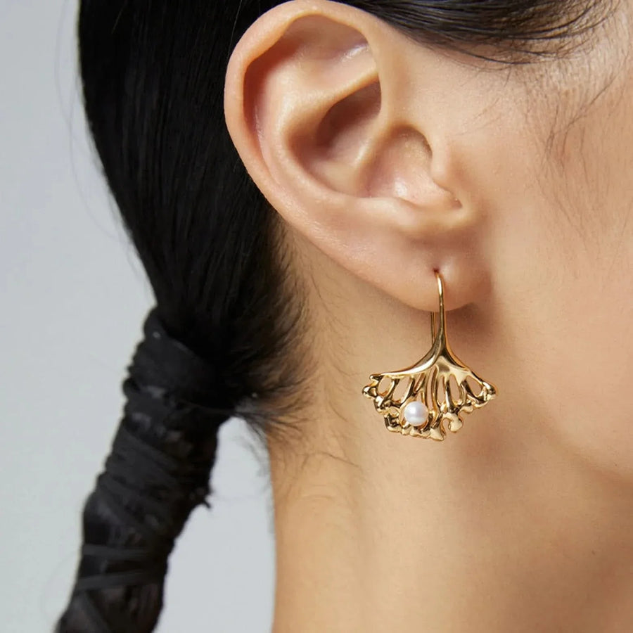 Silver and Gold Ginkgo Leaf Pearl Earrings