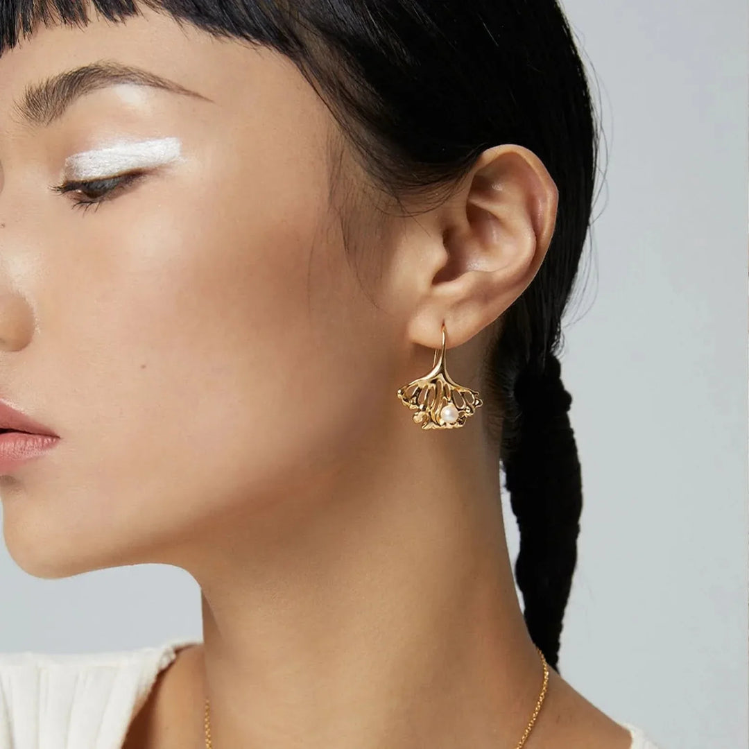 Silver and Gold Ginkgo Leaf Pearl Earrings