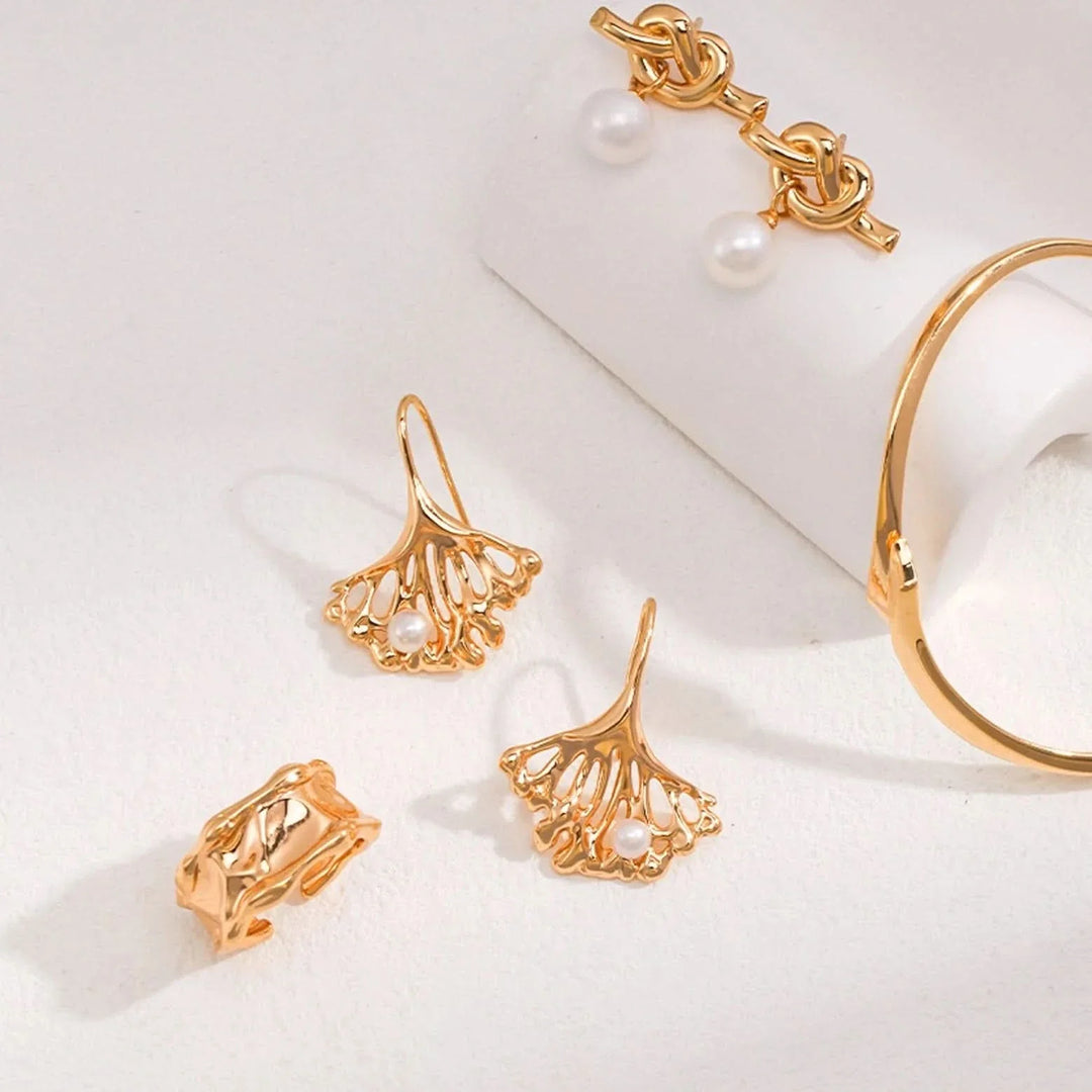 Silver and Gold Ginkgo Leaf Pearl Earrings
