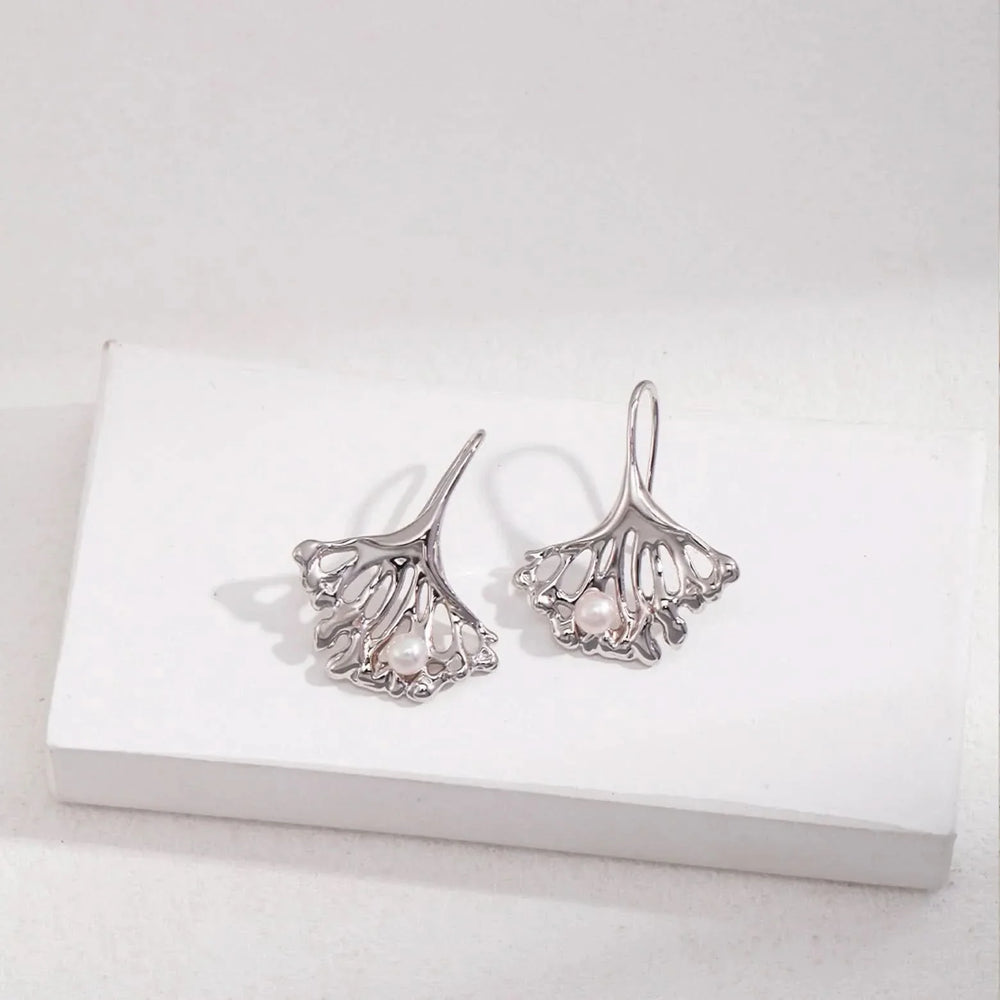 Silver and Gold Ginkgo Leaf Pearl Earrings