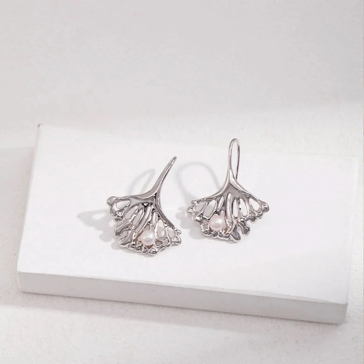 Silver and Gold Ginkgo Leaf Pearl Earrings