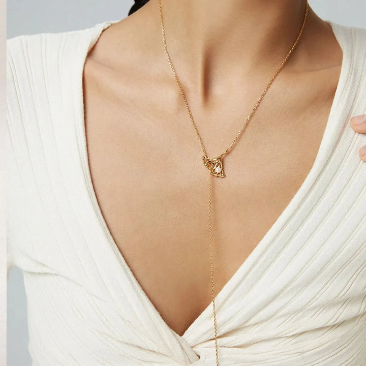Silver and Gold Ginkgo Leaf Pearl Lariat Necklace