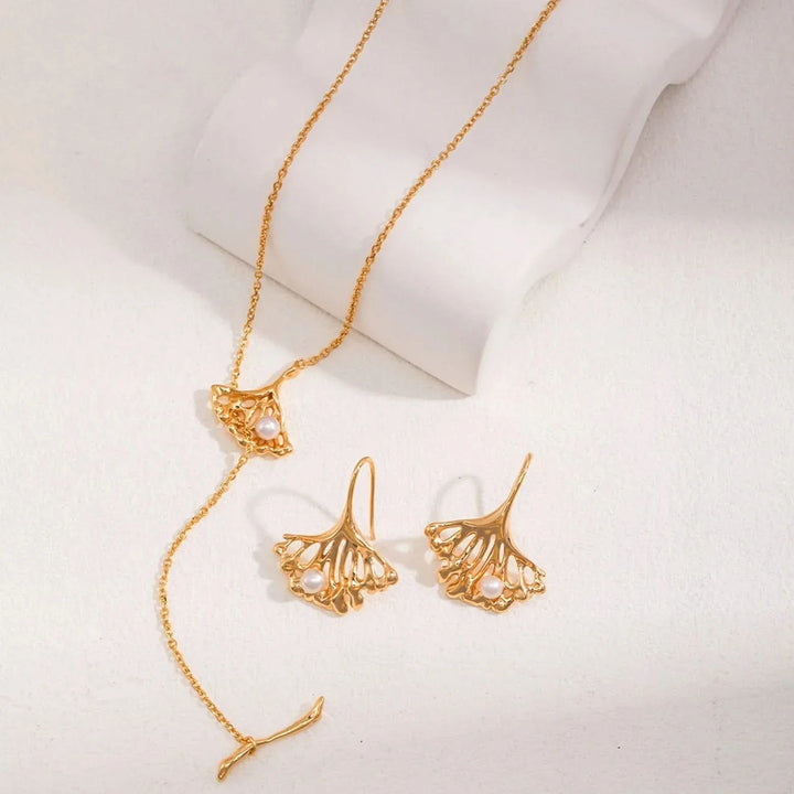 Silver and Gold Ginkgo Leaf Pearl Lariat Necklace