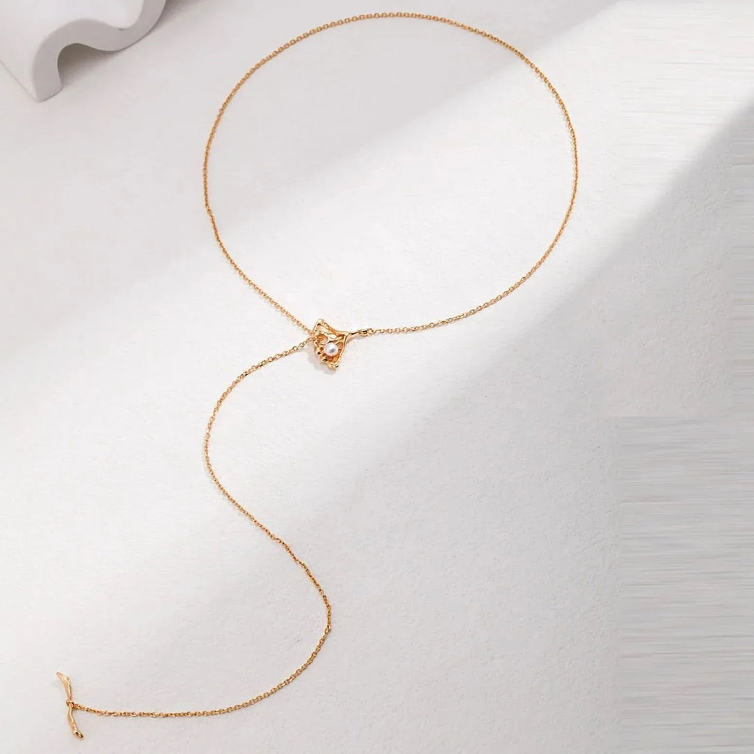 Silver and Gold Ginkgo Leaf Pearl Lariat Necklace