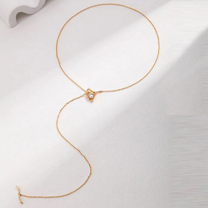 Silver and Gold Ginkgo Leaf Pearl Lariat Necklace