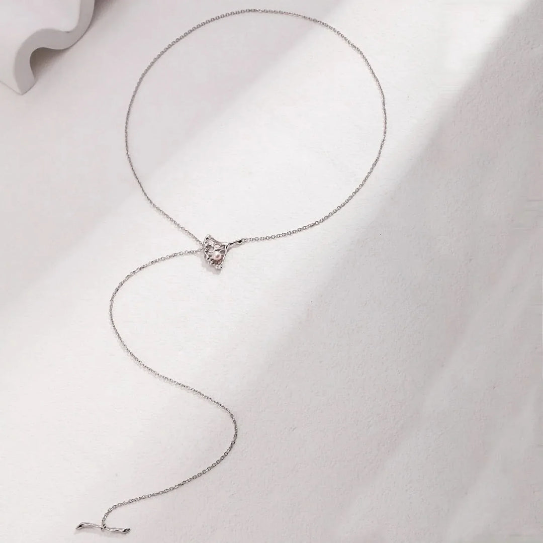 Silver and Gold Ginkgo Leaf Pearl Lariat Necklace