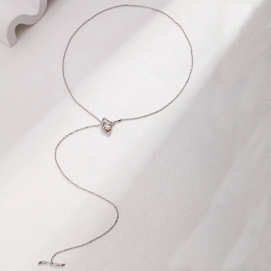 Silver and Gold Ginkgo Leaf Pearl Lariat Necklace
