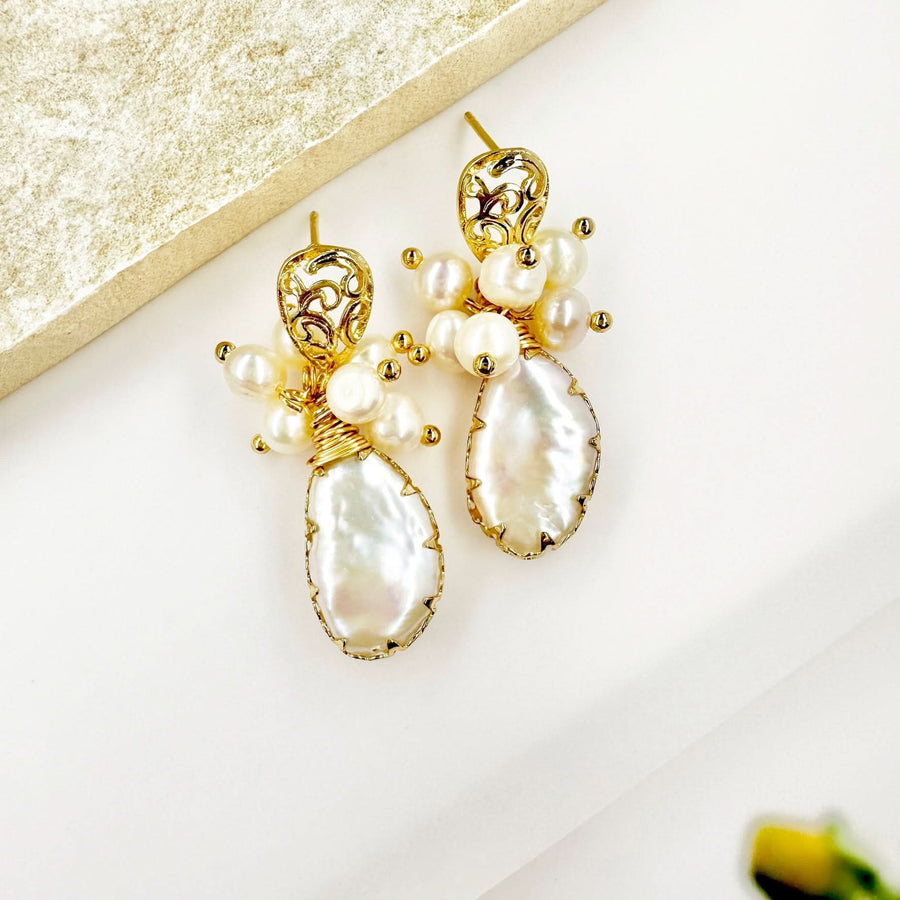 Gold Engraved Pearl Drop Earrings