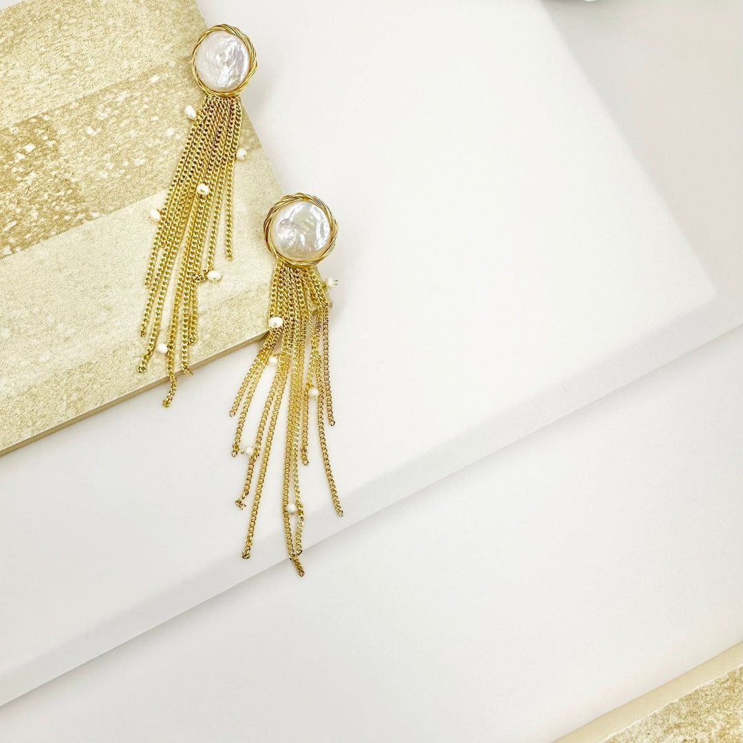 Gold Dangle Chain Baroque Pearl Earrings