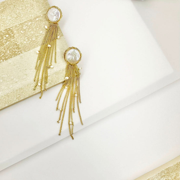 Gold Dangle Chain Baroque Pearl Earrings