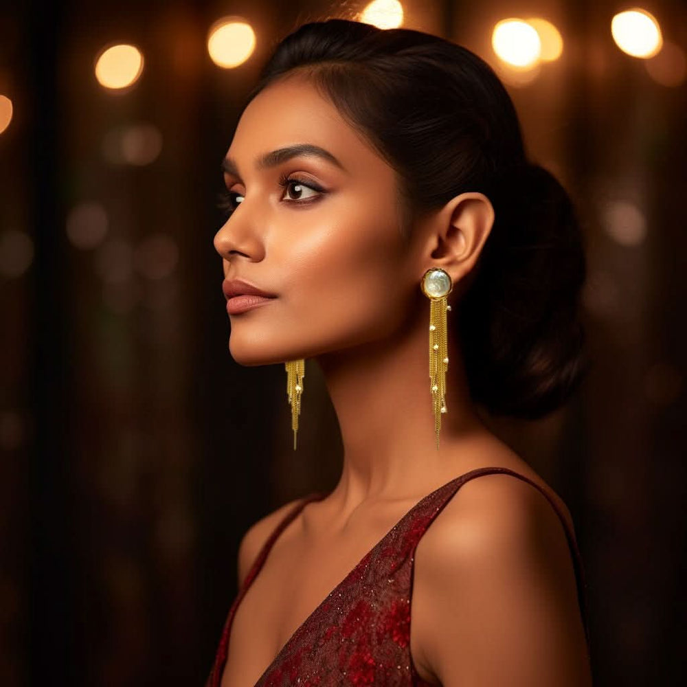 Gold Dangle Chain Baroque Pearl Earrings